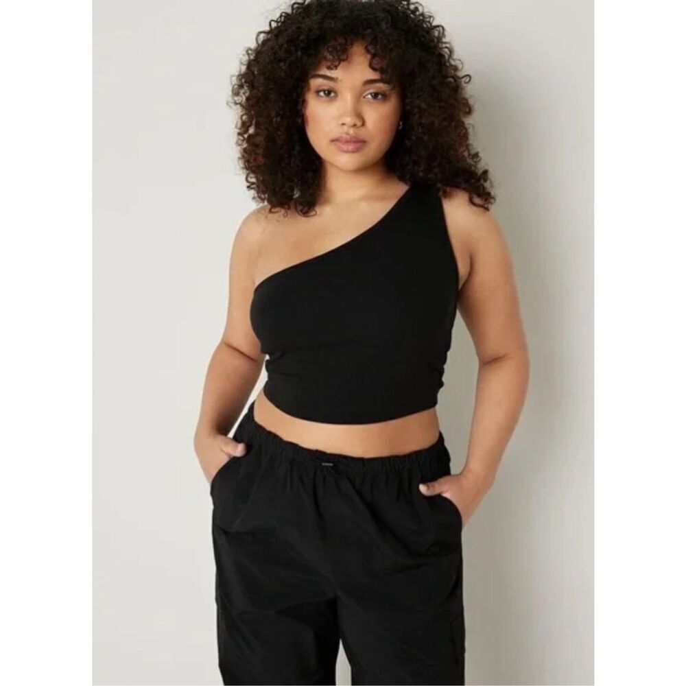 PINK Victoria’s Secret Rib One-Shoulder Crop Tank Top In Black Size S